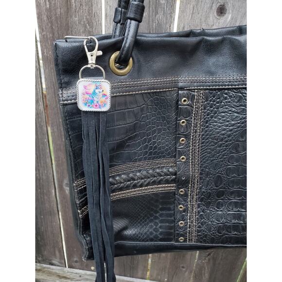 Handmade boho Husky dog gift Leather Fringe Western bag charm keychain - Picture 3 of 4